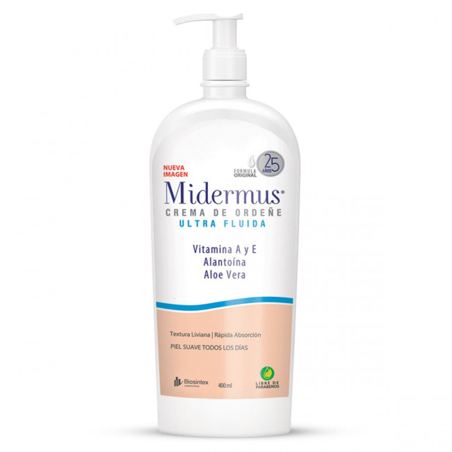 Midermus ultra fluída crema de ordeñe, de textura liviana y rápida absorción, humectación para...