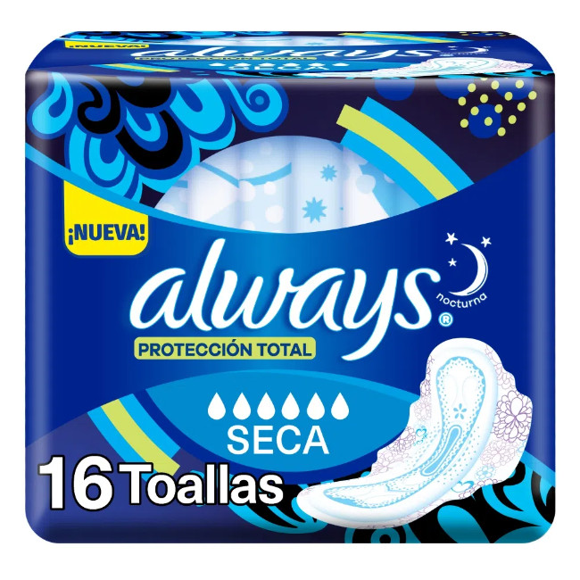 Always toallas femeninas nocturnas con máxima protección con alas x 16 unidades.